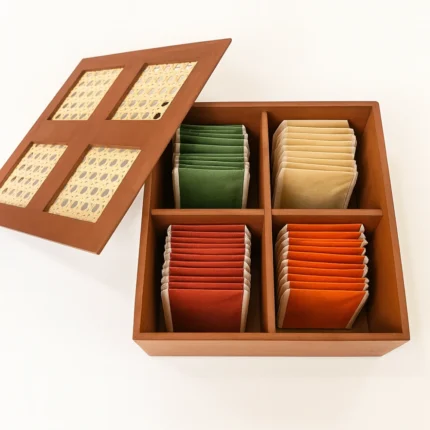 Rattan Mesh Wooden Tea Box open lid